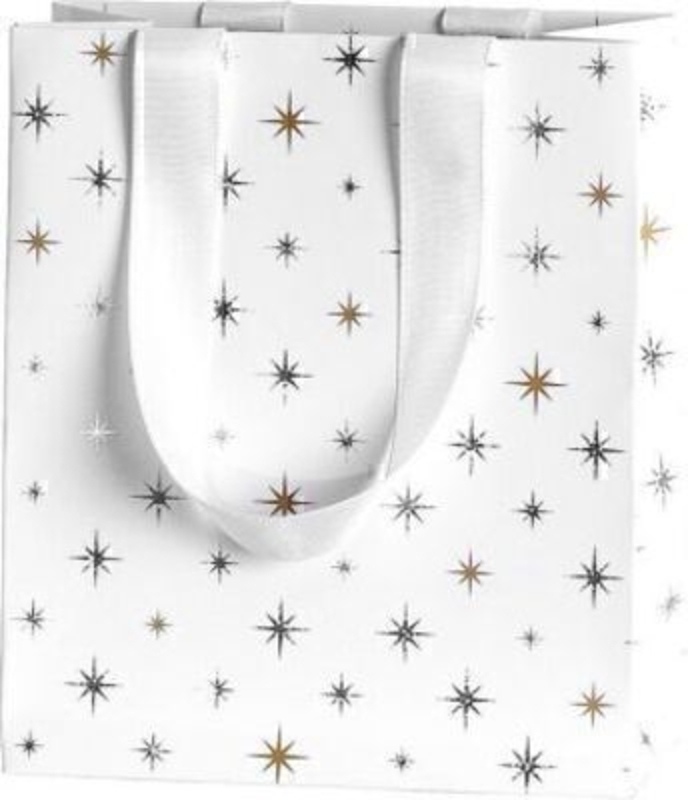 Christmas Gift Bag White Gold Stars Corona Small White by Stewo. This quality gift bag by Swiss designers Stewo will not disappoint. It has all the quality and detailing you would expect from Stewo. This gift bag is made from thick card. The strong handle